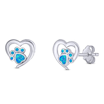 Heart & Paw Print Stud Earring Created Blue Opal Solid 925 Sterling Silver (9.1mm)